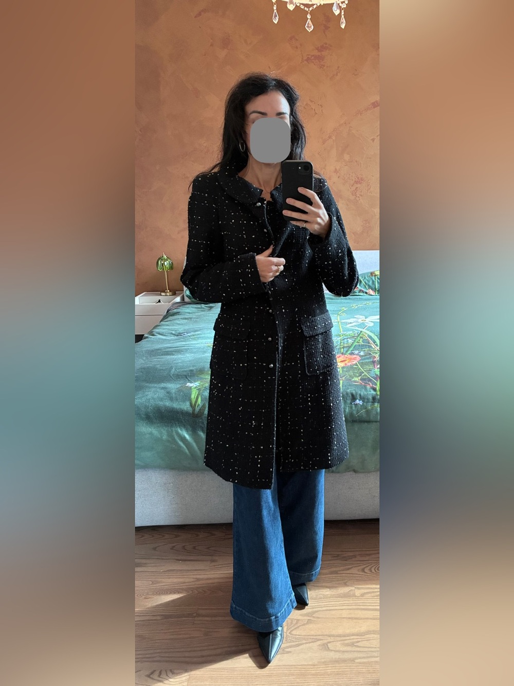 Black Tweed Long Blazer Coat with Subtle Speckle Detail